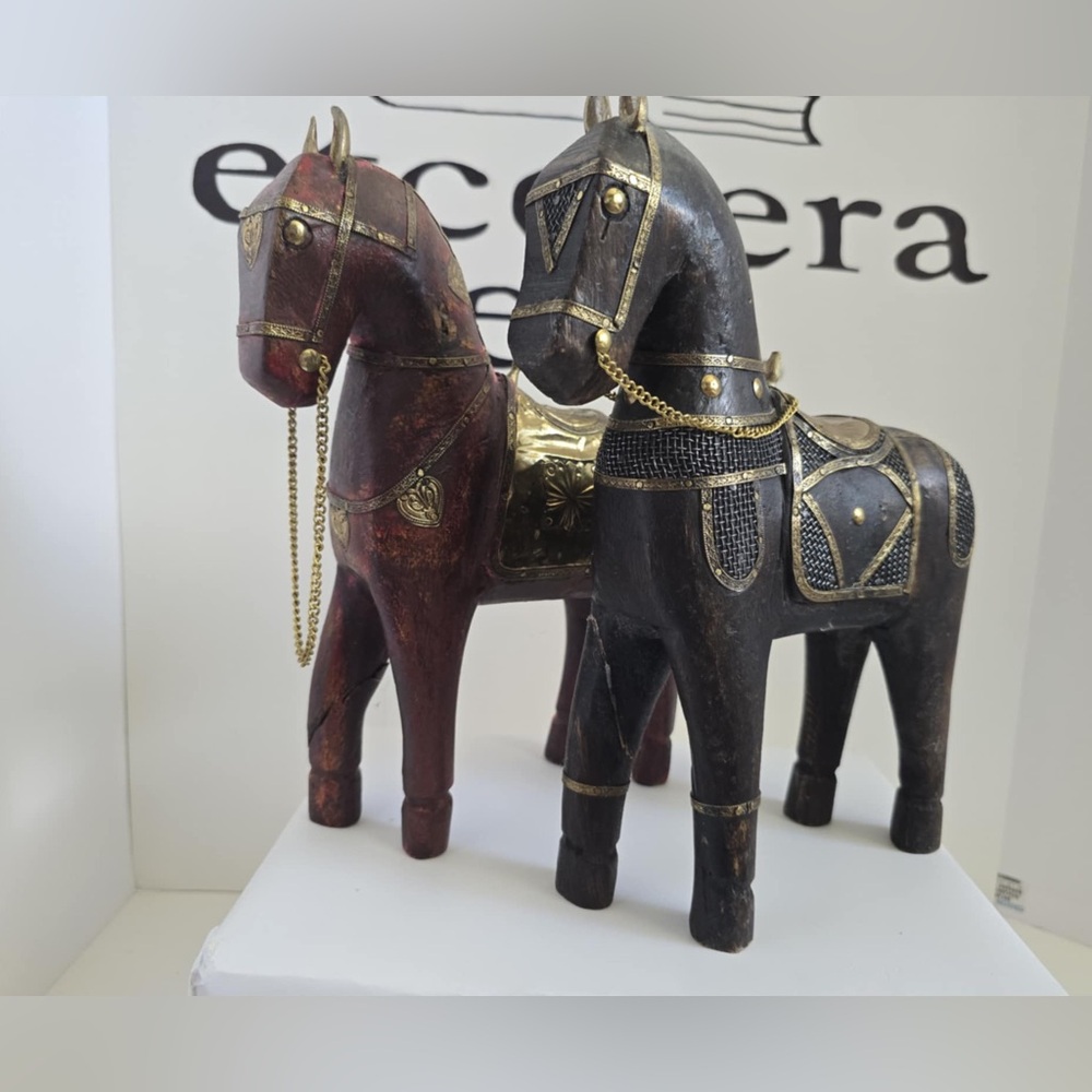 Hand Carved Wooden Horse Brass & Copper Accents Statue Figurines Set Of 2